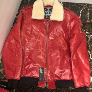 Moose Knuckles Ballistic Red Leather Bomber Jacket
